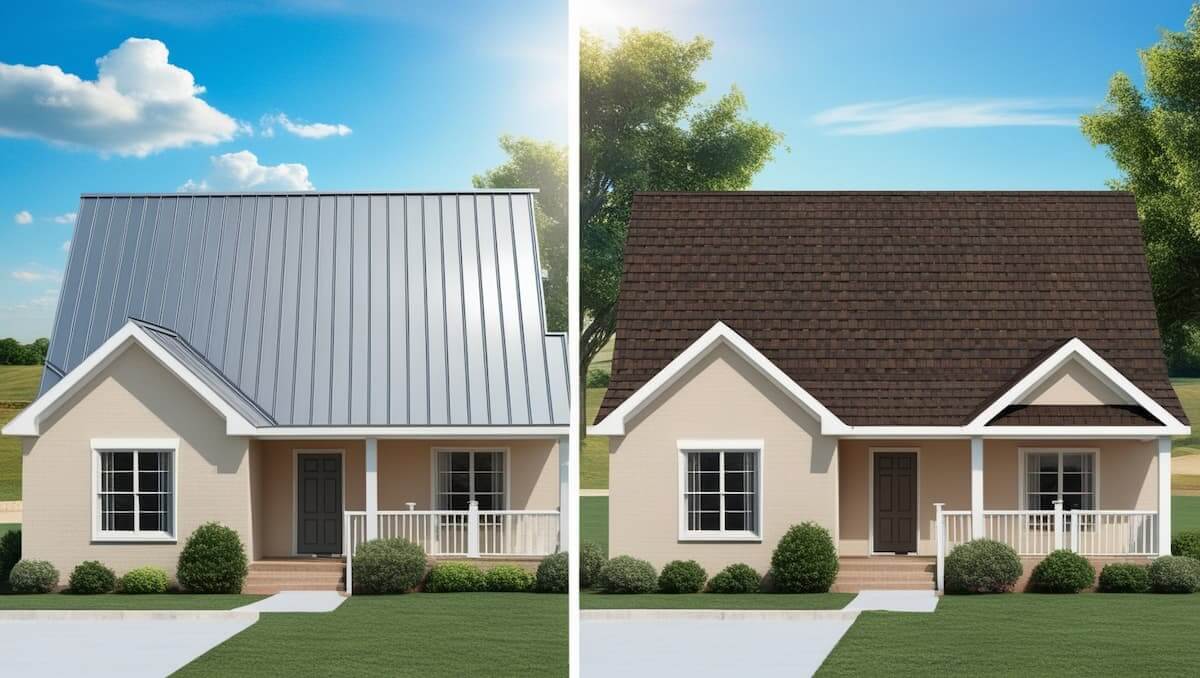 Comparison image showing the differences between metal and asphalt roofing materials